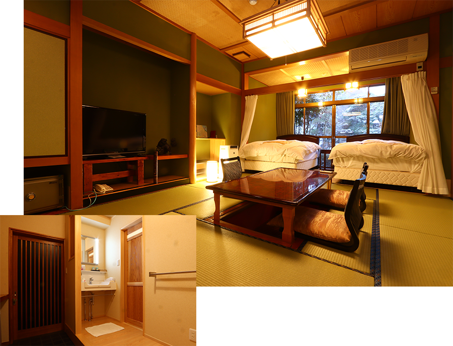 シーリー社製ベッドで心地よい眠りに包まれるツインベッドと、和室のコラボレーション「紅葉・皐月」
